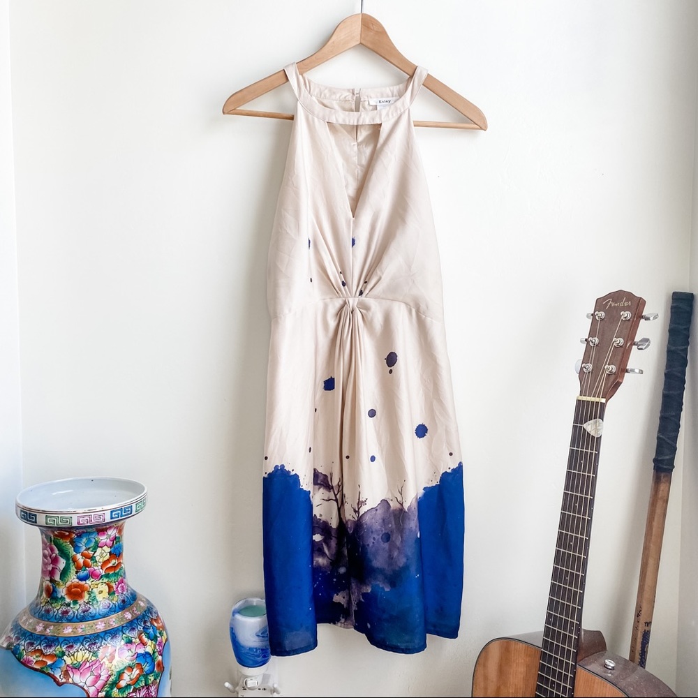Esley Cream and Blue Halter Backless Sundress